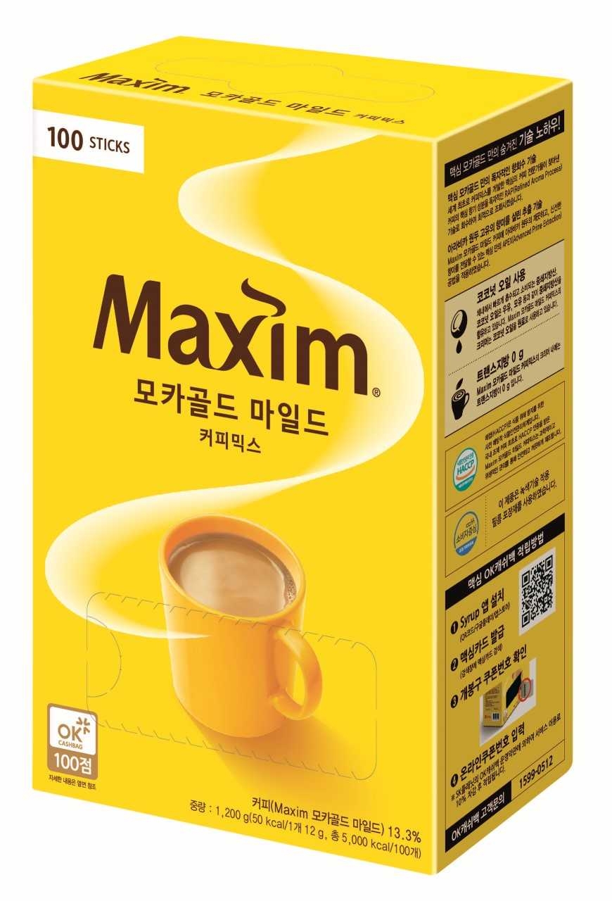 Maxim Mocha Gold instant coffee mix sticks from Dongsuh Foods Korea showcasing the iconic yellow packaging beloved by Korean households