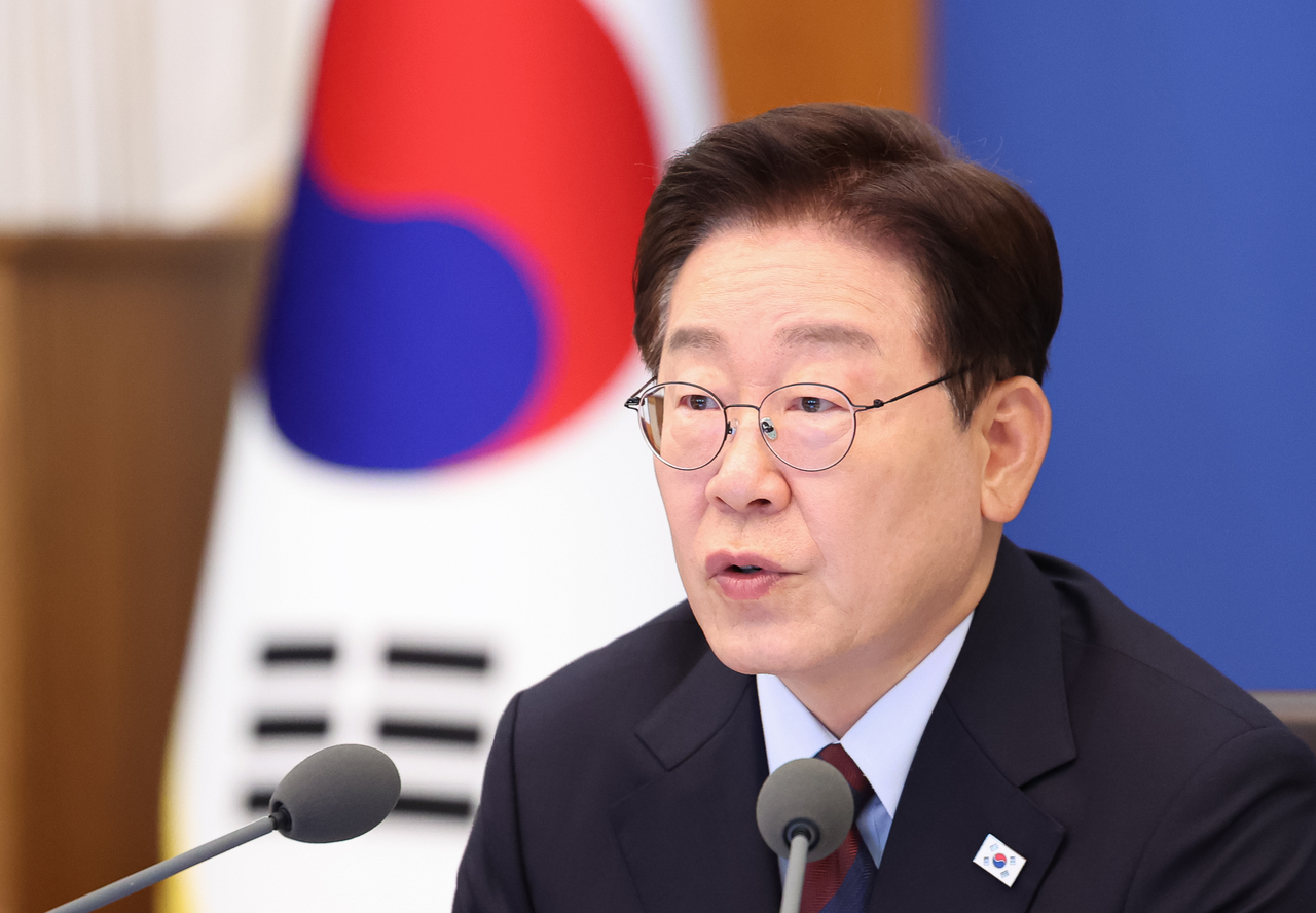 President Lee Jae Myung speaks during a Cabinet meeting at Cheong Wa Dae in Seoul on Tuesday. (Yonhap)