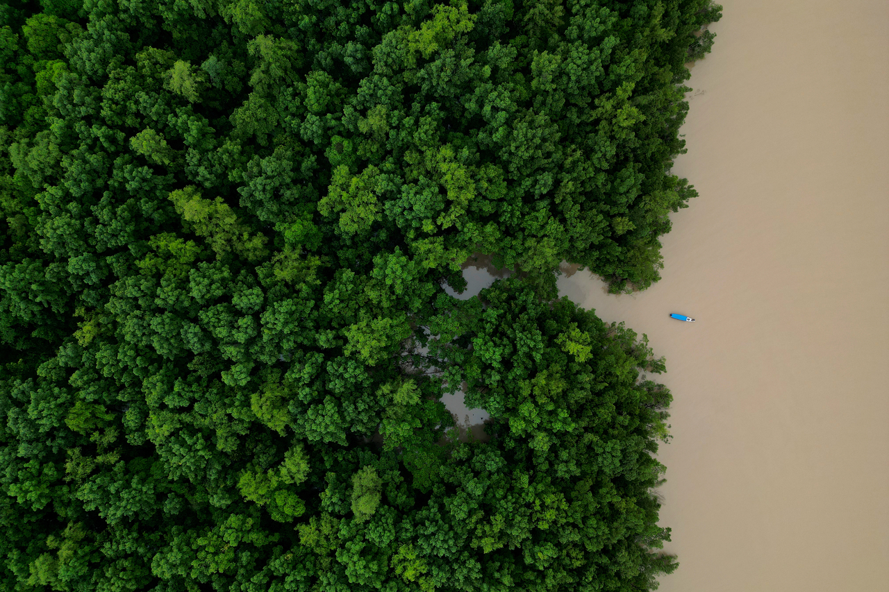 A fishing boat sails at the mouth of the Uaca River, in the Uaca Indigenous Territory region, near the mangrove and biodiversity conservation area of ​​Cabo Orange, in Oiapoque, Amapa state, Brazil, March 12. (AP-Yonhap)