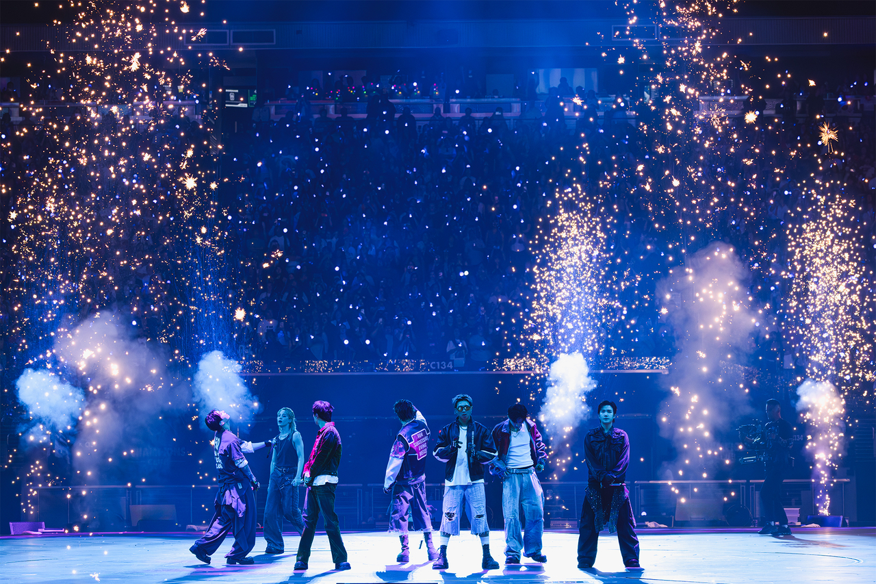 BTS performs during their "Arirang" tour at the Allegiant Stadium in Las Vegas on Saturday. (Big Hit Music)