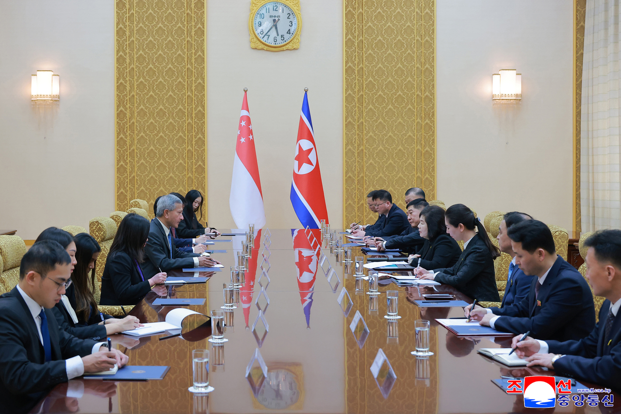 Choe Son-hui, North Korea’s foreign minister, held talks with Vivian Balakrishnan, who is visiting North Korea, at the Mansudae Assembly Hall in Pyongyang on May 26, according to the Korean Central News Agency on May 27, 2026. (Yonhap)
