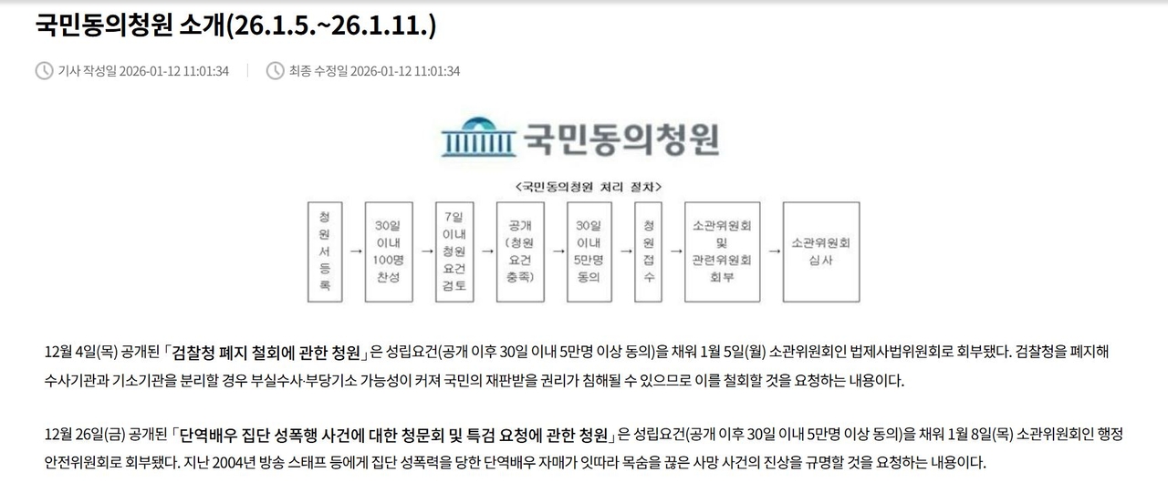 This announcement on the National Assembly homepage states that the petition for an investigation into the 2004 gang-rape of an actress was submitted to the parliamentary Security and Public Administration Committee on Jan. 8. (National Assembly)