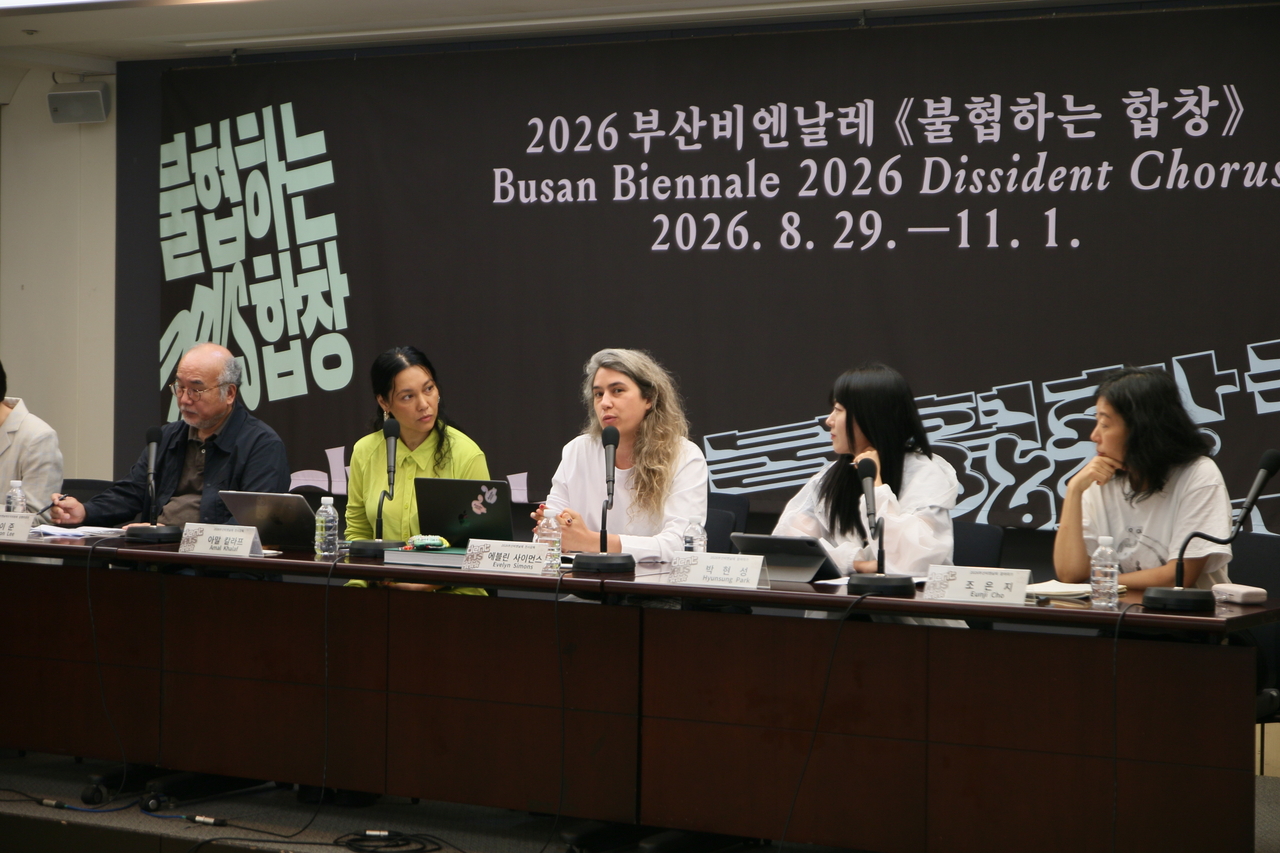 Evelyn Simons, co-artistic director of the 2026 Busan Biennale, speaks during a press conference held Wednesday in Seoul. (Busan Biennale Organizing Committee)
