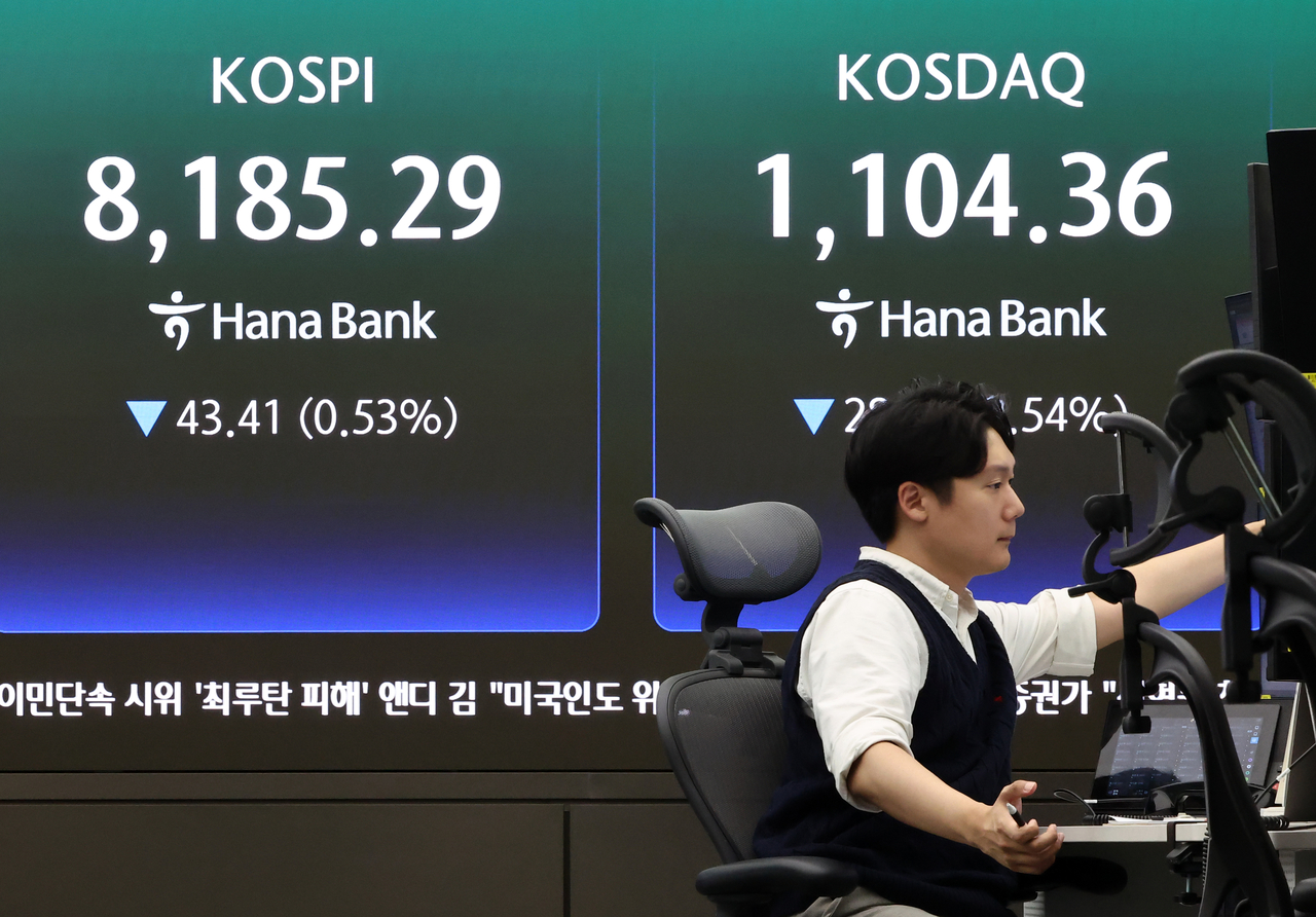 An electronic board showing the Korea Composite Stock Price Index at a dealing room of the Hana Bank headquarters in Seoul on Thursday. (Yonhap)