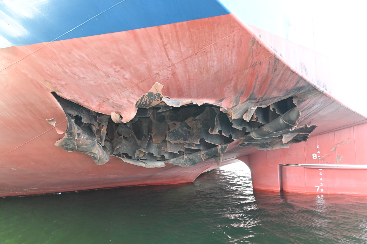 This photo, released by the foreign ministry on May 10, 2026, shows a 7-meter-wide rupture in the hull of a South Korean-operated vessel, the Panama-flagged cargo vessel Namu, operated by South Korean shipping firm HMM Co.  (Yonhap)
