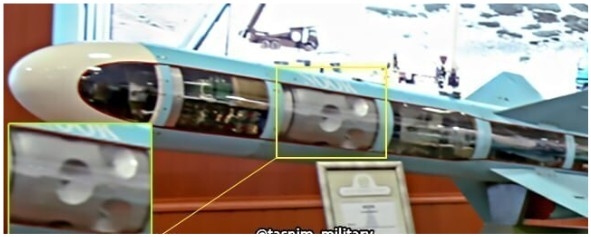 Shown in this photo, provided by the foreign ministry on May 27, 2026, is a display image of a Noor-series anti-ship missile, which is believed to have struck the HMM Namu in the Strait of Hormuz earlier this month. (Yonhap)