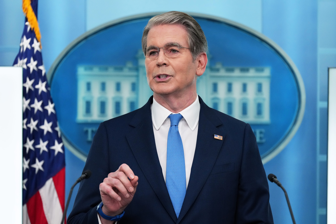 US Treasury Secretary Scott Bessent speaks during a press briefing at the White House in Washington on Thursday. (AP-Yonhap)