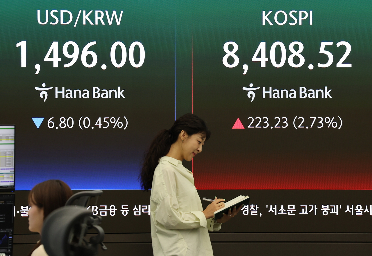 An electronic board showing the Korea Composite Stock Price Index at a dealing room of the Hana Bank headquarters in Seoul on Friday. (Yonhap)