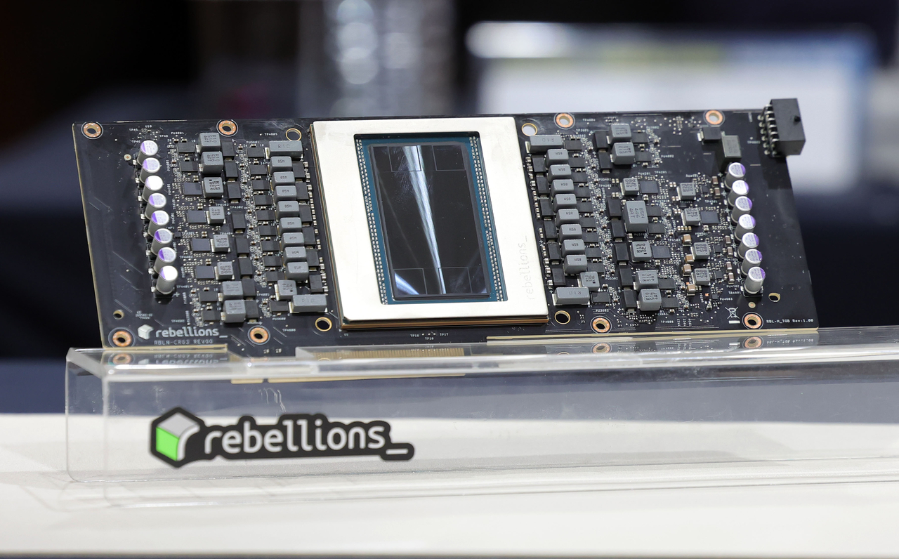 A Rebellions AI semiconductor product is on display during a public-private meeting on the National Growth Fund's 