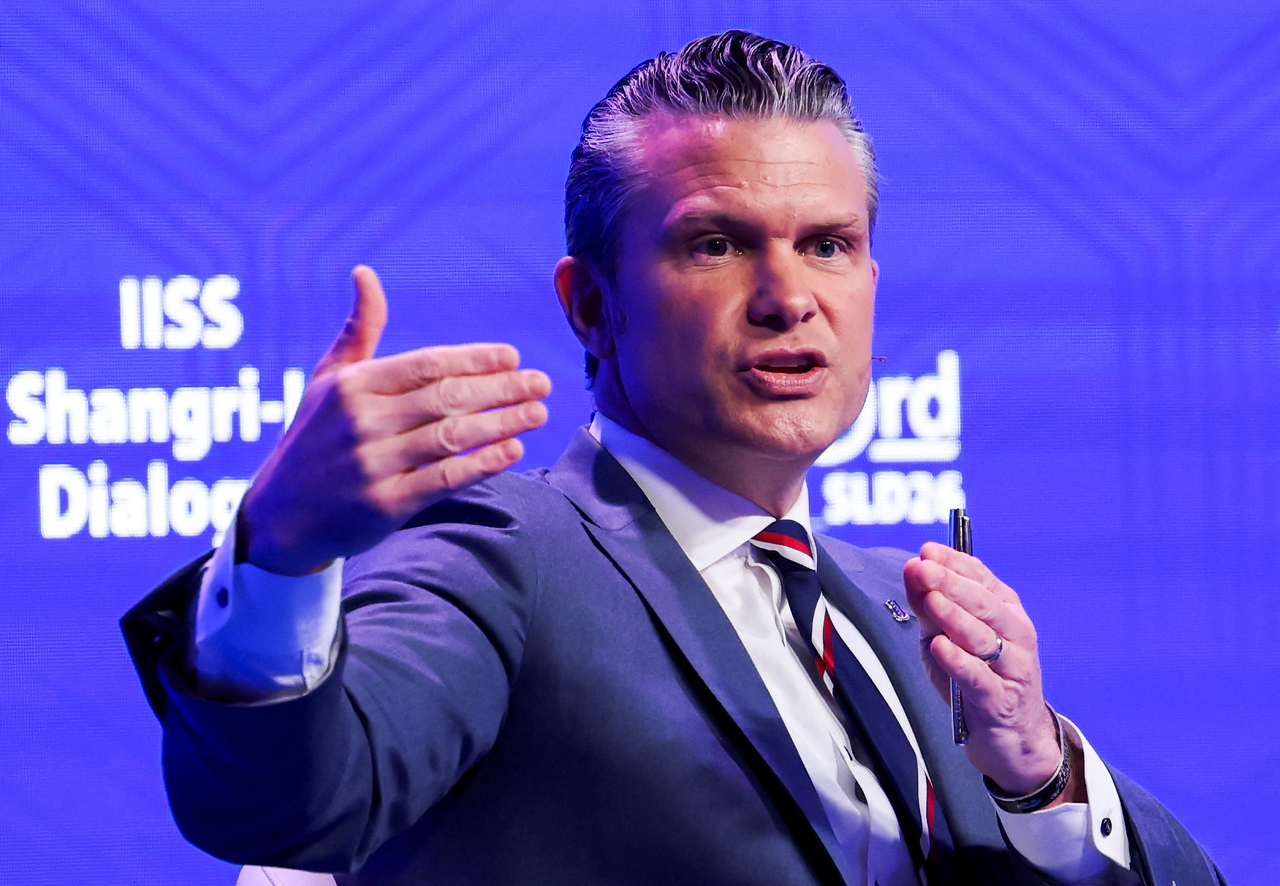 US Secretary of Defense Pete Hegseth speaks at the IISS Shangri-La Dialogue security summit in Singapore on May 30, 2026, in this Reuters photo. (Yonhap)