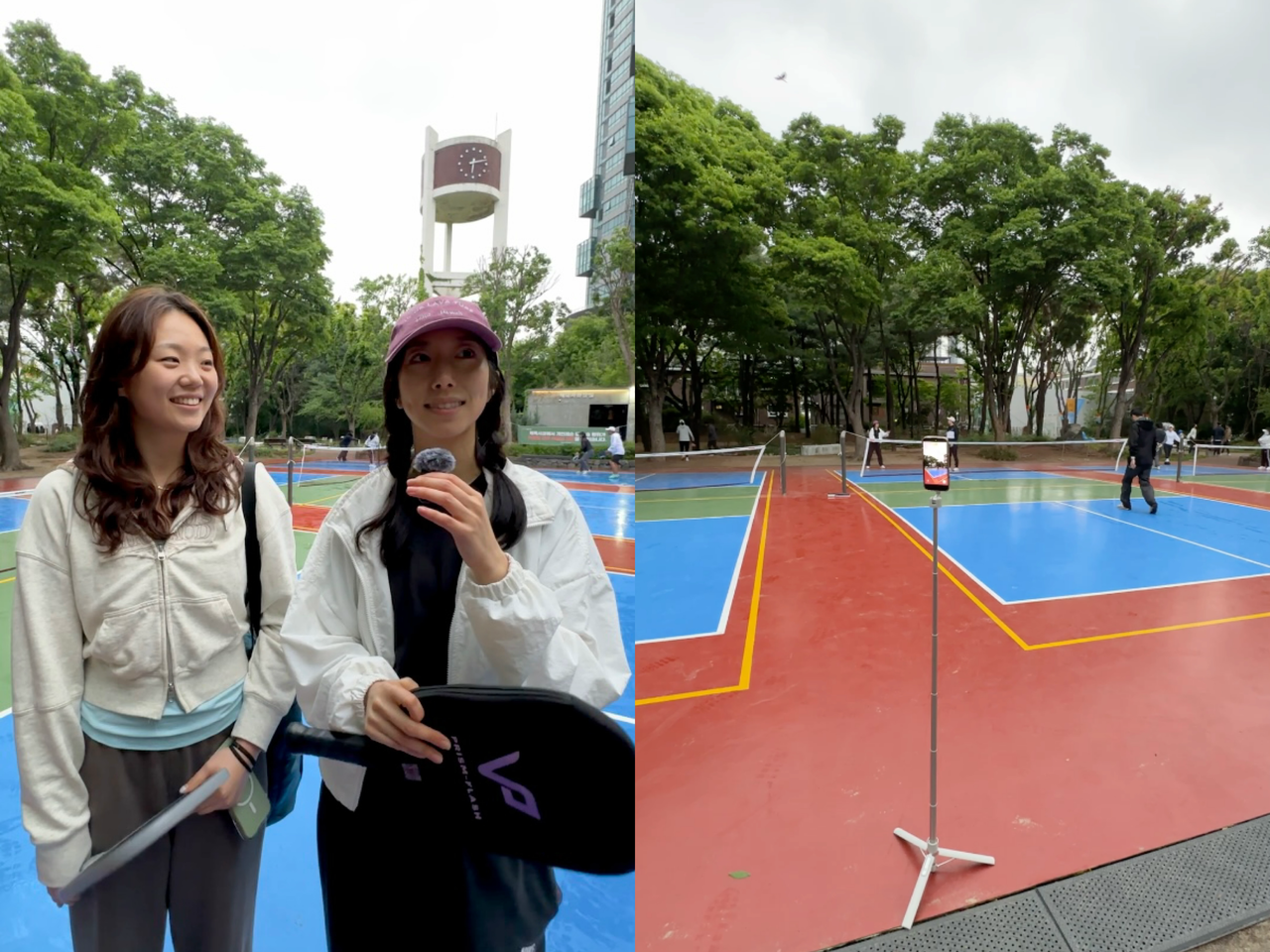 Left photo: Emily Kim (left) and Helen Baik, Korean Americans currently living in Korea, during a casual pickleball meetup with friends in Seoul. Right photo: A phone set up courtside records the game as players laugh and rally together. (Tammy Park/The Korea Herald)