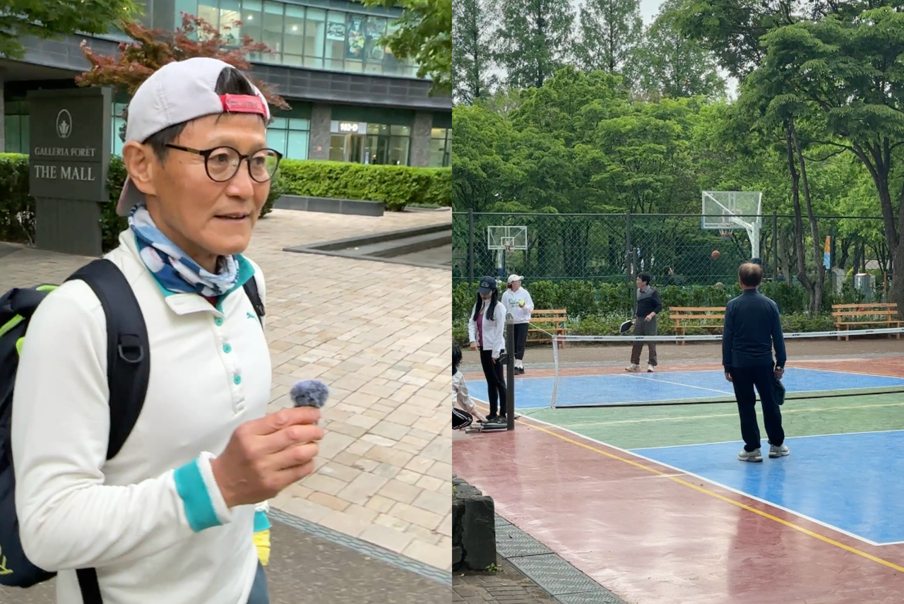 Lee Chul-hee (left), former inaugural president of the Seongdong-gu Pickleball Association, speaks about the lack of infrastructure supporting Korea’s rapidly growing pickleball scene, particularly for older players. At right, people play pickleball at Seongsu Park on a court originally designed for jokgu, a Korean foot-volleyball sport, while basketball players use the adjacent court in the background. (Tammy Park/The Korea Herald)
