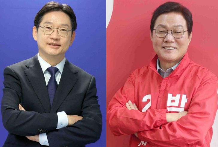 (From left) Democratic Party of Korea candidate Kim Kyung-soo and People Power Party candidate Park Wan-soo pose at their respective campaign headquarters in Seongsan District, Changwon, South Gyeongsang Province, on May 12. (Yonhap)