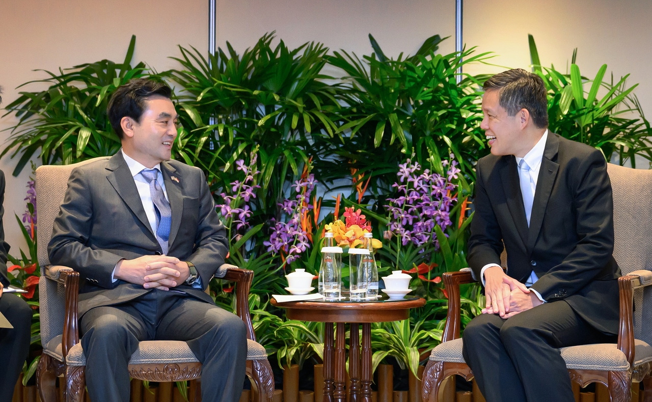 South Korean Defense Minister Ahn Gyu-back (left) speaks with Singaporean Defense Minister Chan Chun Sing during a bilateral defense ministers' meeting on the sidelines of the 23rd Asia Security Summit in Singapore on Sunday. (Defense Ministry)