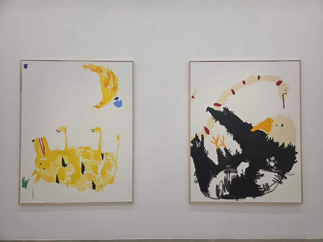 Andi Fischer's "Aha Happy There Grass" (left) and "Aha Wisdom Returns" are on view at "Feil Good" at Gallery Baton in Seoul. (Park Yuna/The Korea Herald)