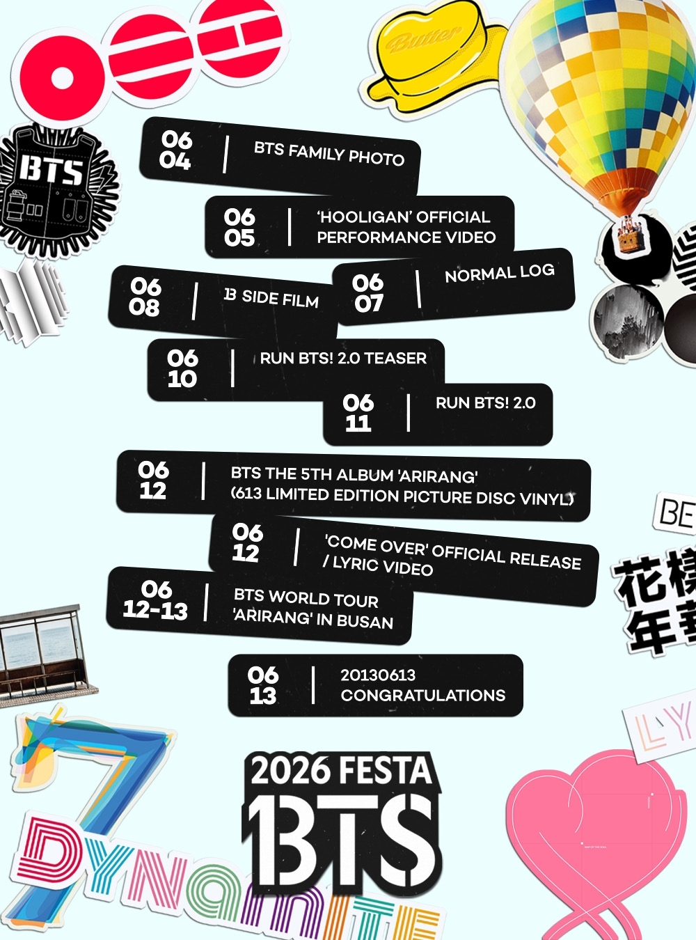 Official '2026 BTS Festa' schedule and timetable released by Big Hit Music, detailing event dates.