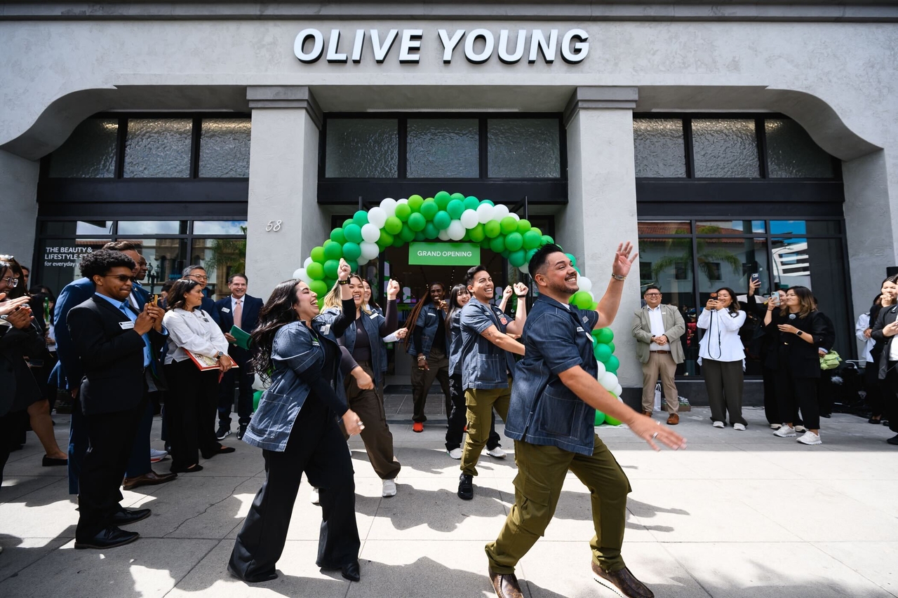 Employees perform a dance to celebrate the opening of Olive Young Pasadena in Pasadena, California, on May 29. (Olive Young)