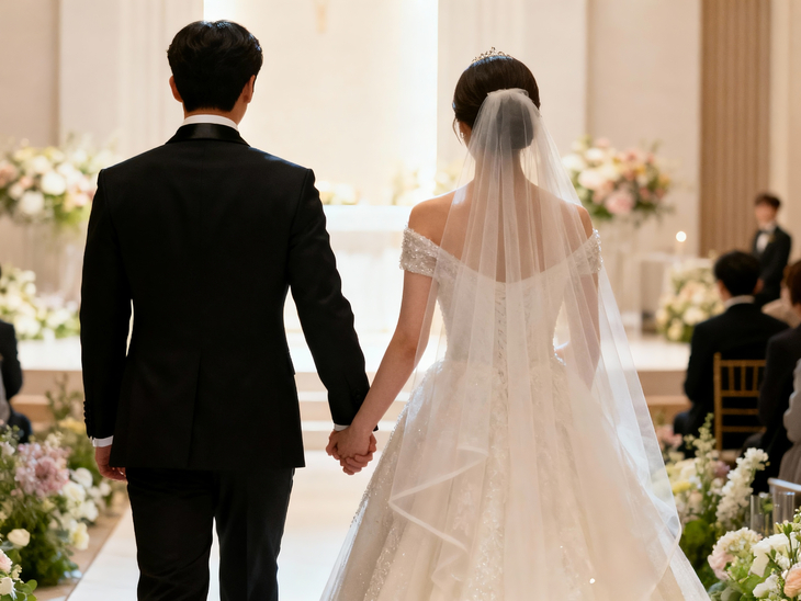 A bride and groom stand together during their wedding ceremony. (Getty Images Bank)