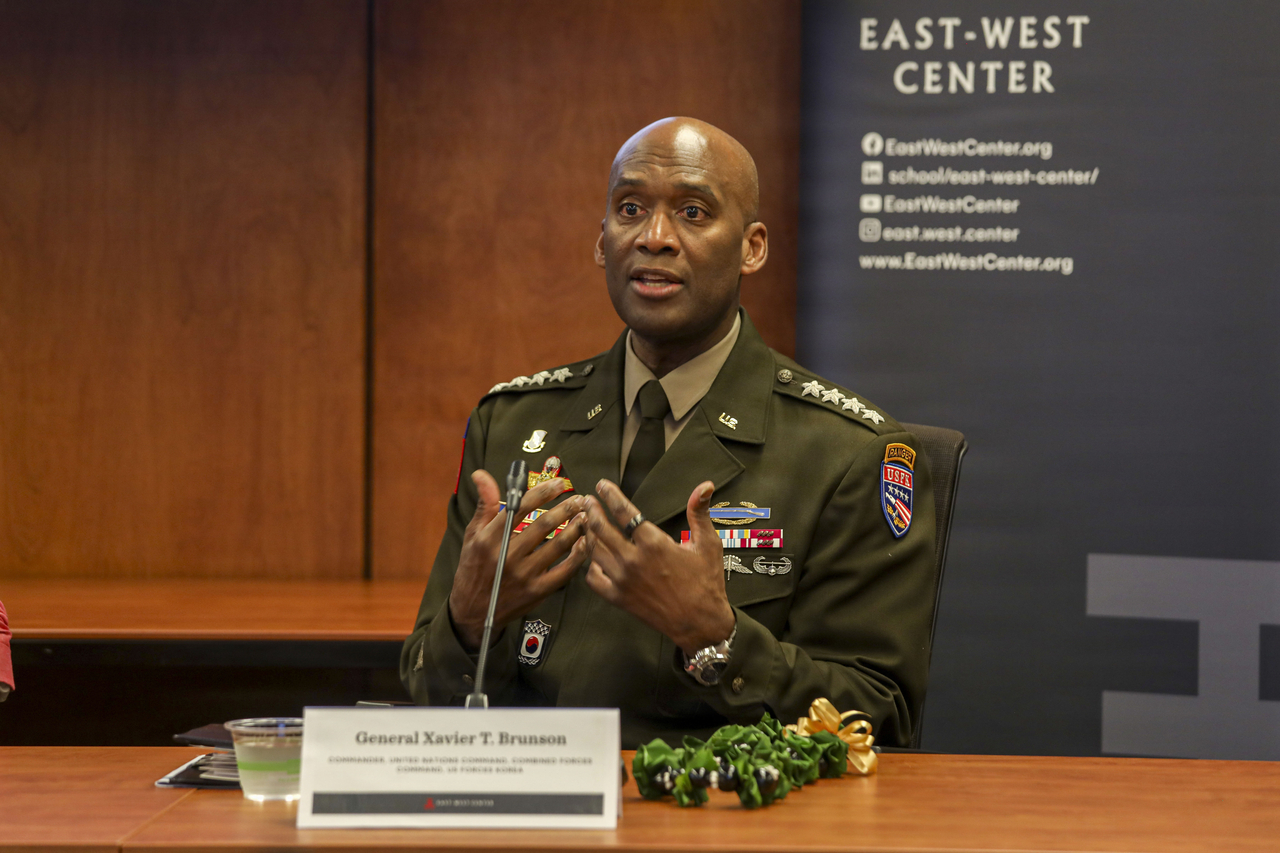 Gen. Xavier T. Brunson, commander of the United Nations Command, Combined Forces Command and US Forces Korea, joins a roundtable discussion at the East-West Center in Honolulu, May 12. (US Army)