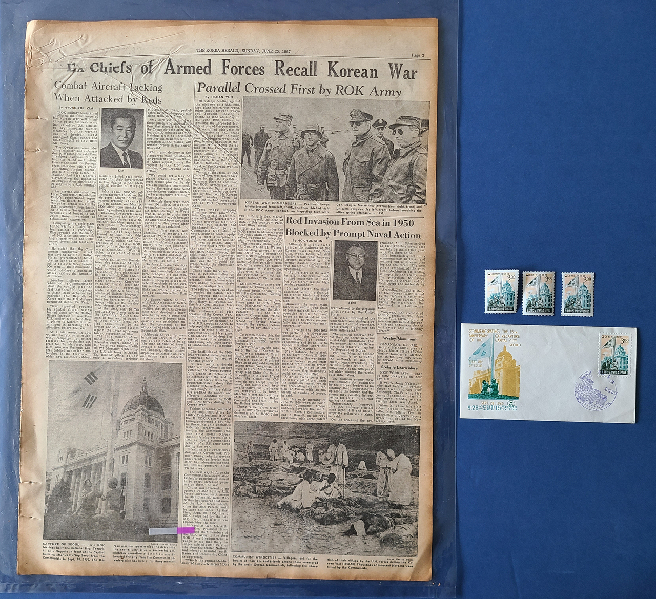 A copy of The Korea Herald edition published on June 25, 1967, alongside commemorative stamps and a first day cover. The photo was taken by the present owner. (National Memorial for Abductees during the Korean War)