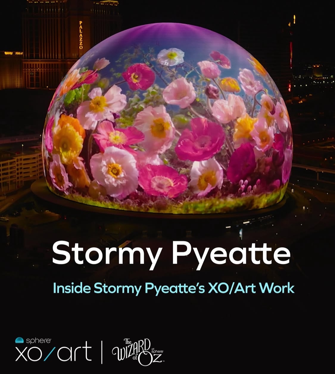 미국 라스베이거스의 대형 공연장 스피어(Sphere) 외벽. 아티스트 스토미 피애트(Stormy Pyeatte)의 미디어아트 작품이 송출되고 있다. 실제 꽃과 영상 효과를 결합해 초대형 곡면 스크린 위에 구현했다. [사진=스피어 공식 인스타그램 캡처]