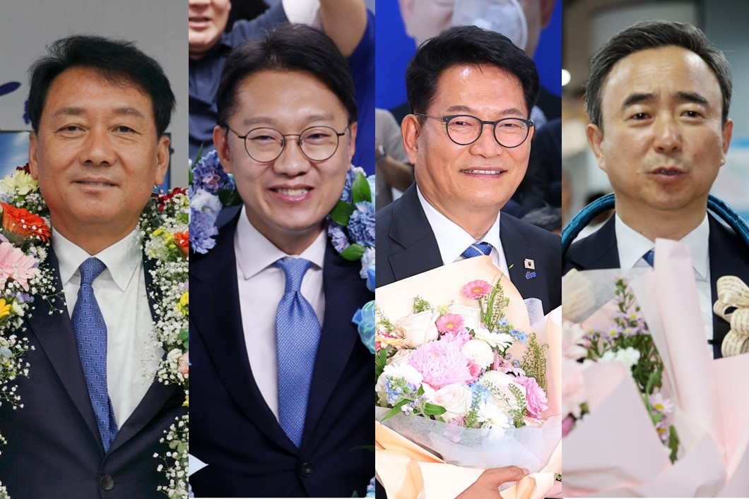 Lawmaker-elects Lee Kwang-jae (from left), Kim Nam-joon, Song Young-gil and Lim Mun-young (Yonhap)