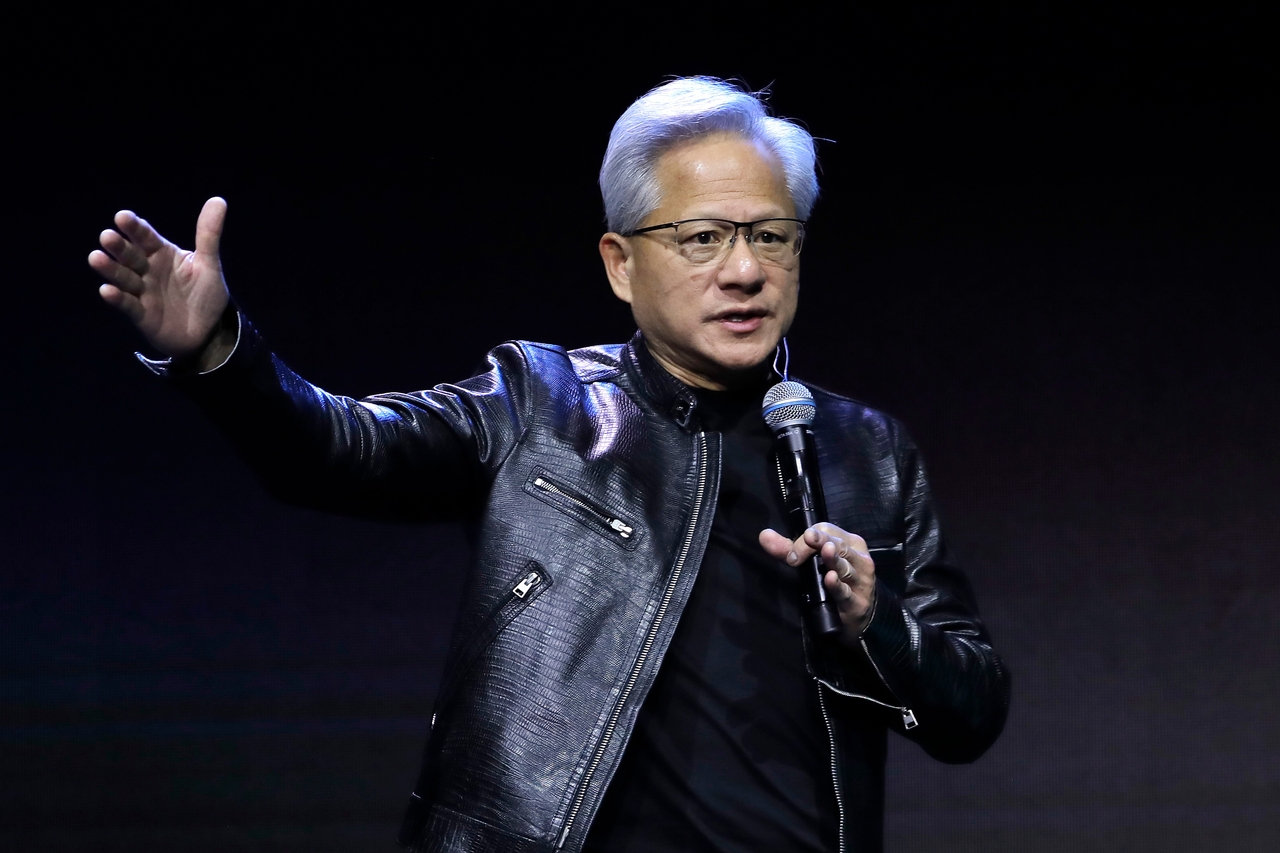 Nvidia CEO Jensen Huang delivers a speech at the Marvell Keynote during the Computex 2026 exhibition in Taipei, Taiwan, on Tuesday. (AP-Yonhap)