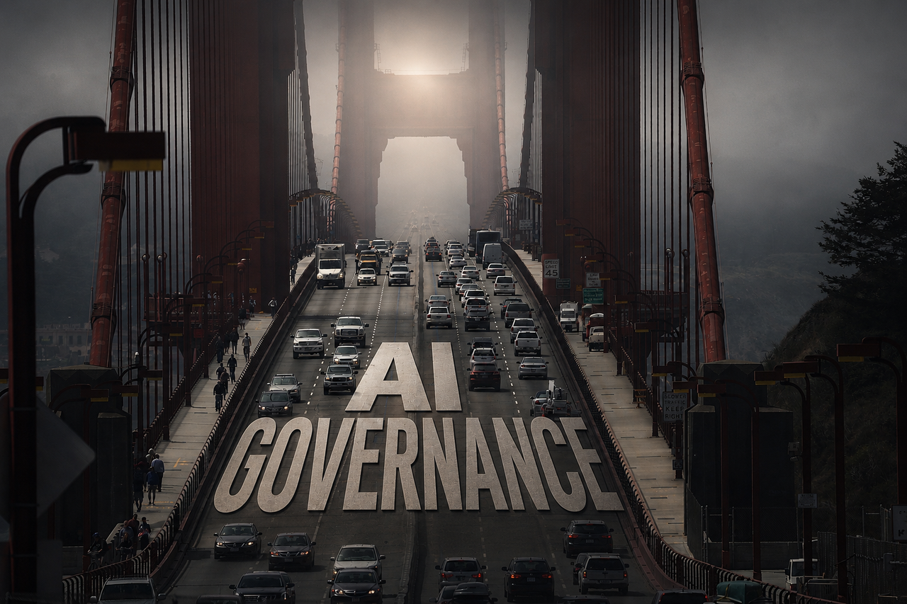 Vehicles drive across the Golden Gate Bridge in Sausalito, California, USA. The words “AI Governance” visible on the road were composited using ChatGPT.  [Getty Images]
