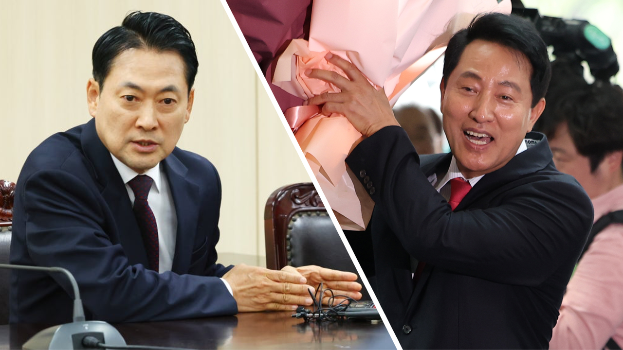 Rep. Jang Dong-hyeok, chair of the main opposition People Power Party (left), and Seoul Mayor Oh Se-hoon (Yonhap)