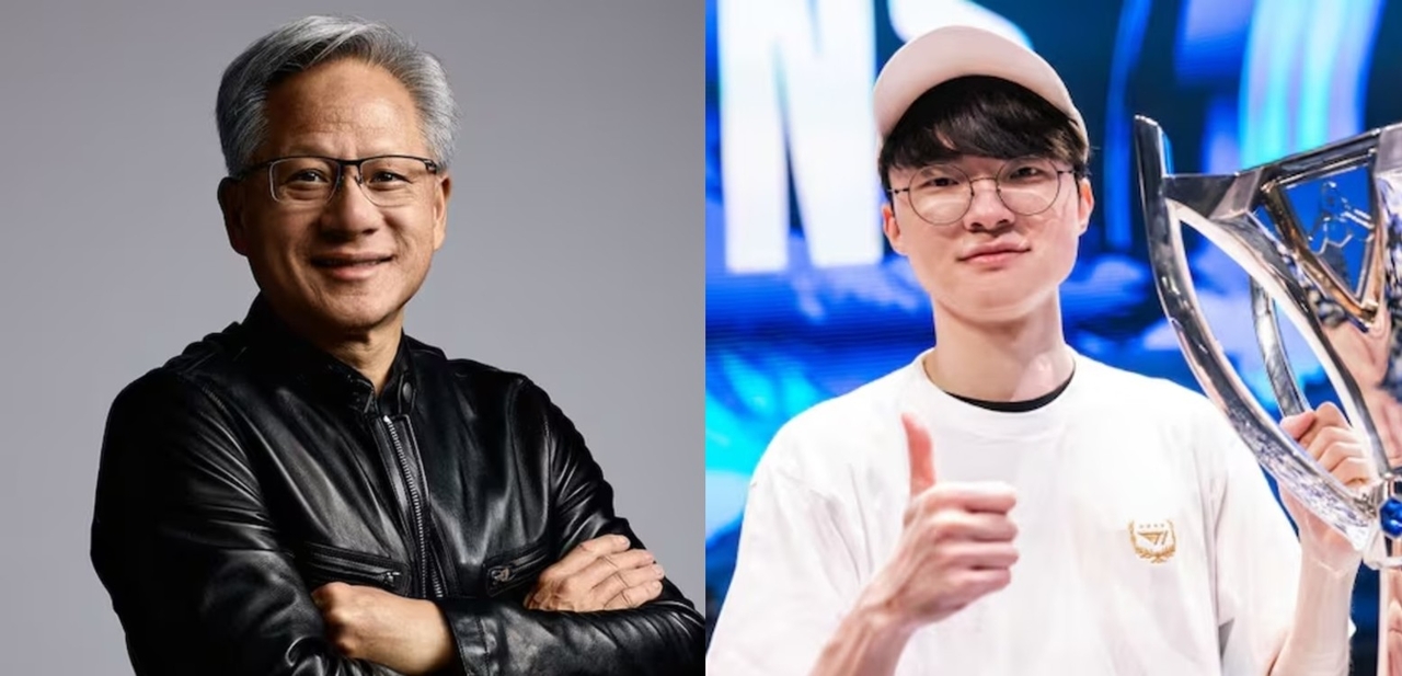 Nvidia CEO Jensen Huang (left) and Lee "Faker" Sang-hyeok of T1  (Nvidia, Riot Games)