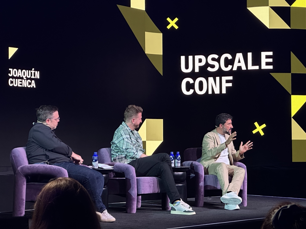 Kevin Roose (left), Casey Newton, Joaquin Cuenca (right) talk as panels during a session titled "Building in the age of AI" at Upscale Conference held in San Francisco on Wednesday. (Choi Jeong-yoon/ The Korea Herald)