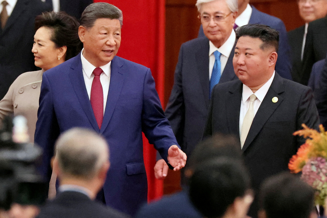 Chinese President Xi Jinping and North Korean leader Kim Jong Un arrive for a reception marking the 80th anniversary of the end of World War II at the Great Hall of the People in Beijing, China, on September 3, 2025. (Reuters)