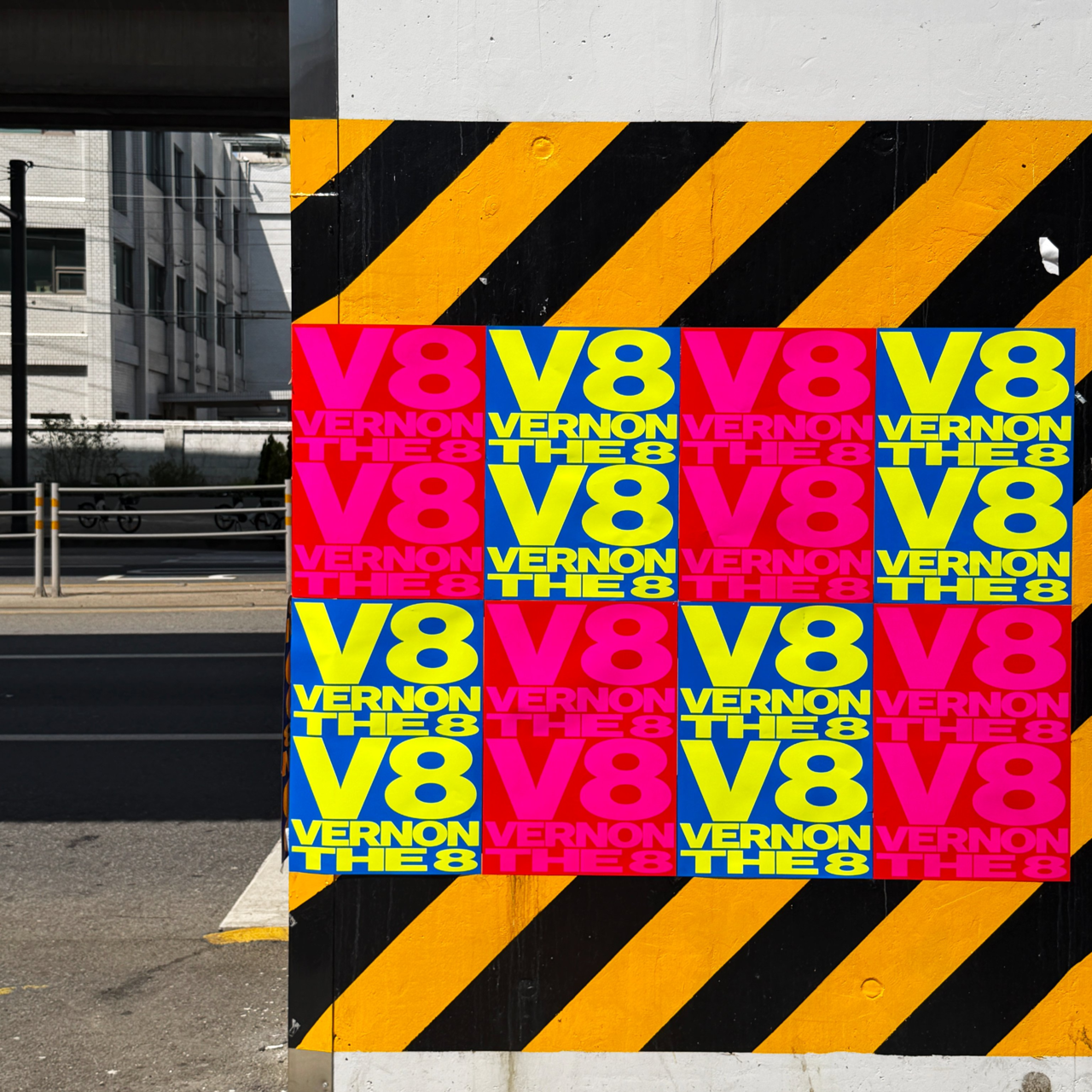 Posters advertising Seventeen's Vernon and The8's new unit, V8, is on display around Seongsu-dong in eastern Seoul. (X @pledis_17)