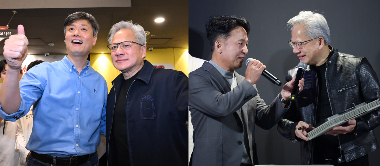 Nvidia CEO Jensen Huang (right in the left photo) poses for a photo with Krafton founder Chang Byung-gyu (left in the left photo) and talks with NC founder Kim Taek-jin (left in the right photo) at different PC gaming cafes in Seoul on Sunday. (Joint Press Corp.)