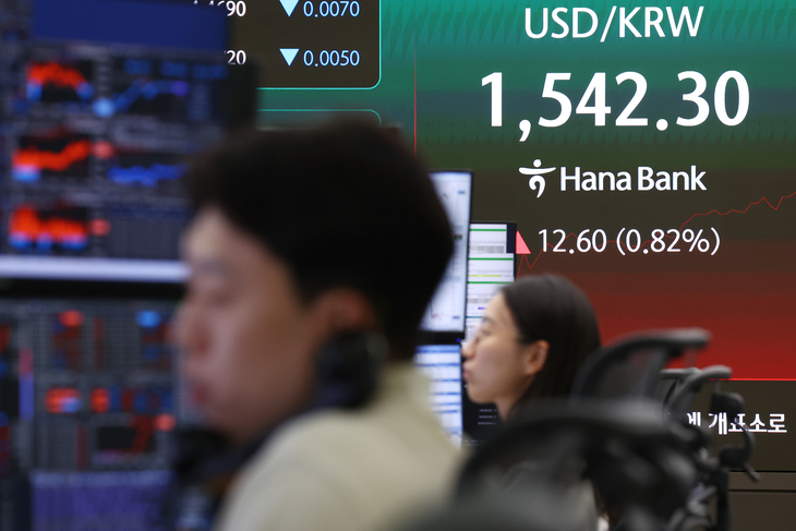 A financial data screen in a dealing room at Hana Bank's headquarters in central Seoul shows the Korean won quoted at 1,542.3 per dollar during trading on Friday. (Yonhap)