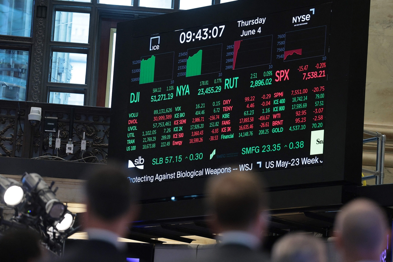 Stock market numbers are displayed on the floor of the New York Stock Exchange during morning trading on June 4, 2026 in New York City. (AFP-Yonhap)