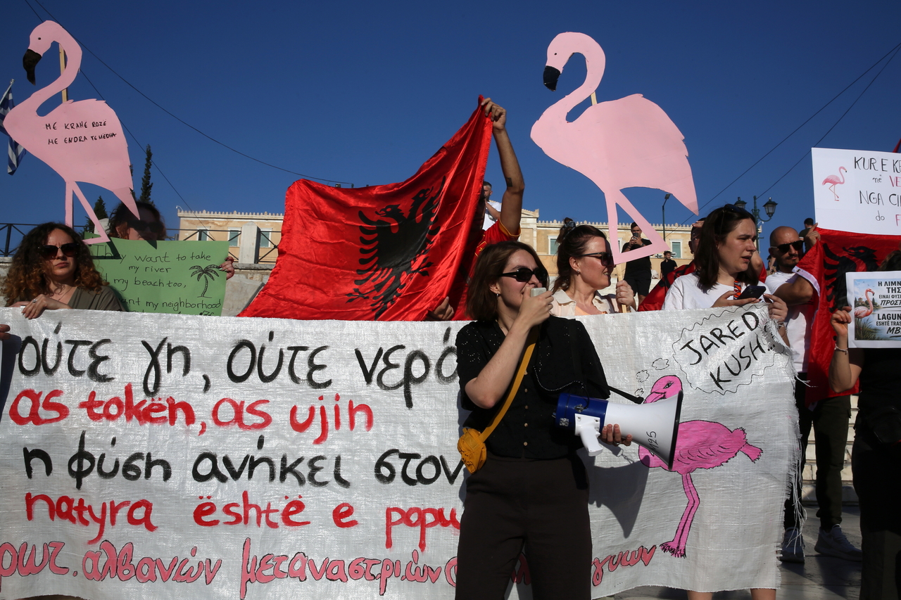 Albanians living in Athens protest in Athens, Greece, Saturday. (EPA-Yonhap)