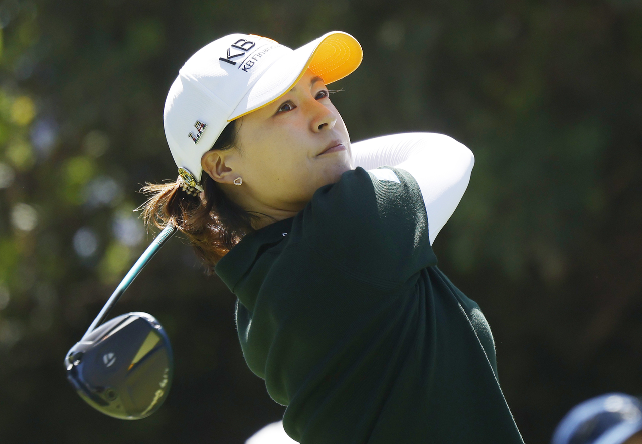 Chun In-gee of South Korea tees off on the 11th hole during the final round of the US Women's open at Riviera Country Club in Pacific Palisades, California, on Sunday. (UPI)