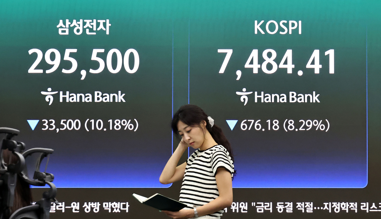 A financial data screen at Hana Bank’s dealing room in central Seoul shows market heavyweight Samsung Electronics quoted at 295,500 won as of daytime trading's close, down 10.18 percent on-session, alongside the Kospi, which wrapped up at 7,484.41, marking a decline of 8.29 percent. (Yonhap)