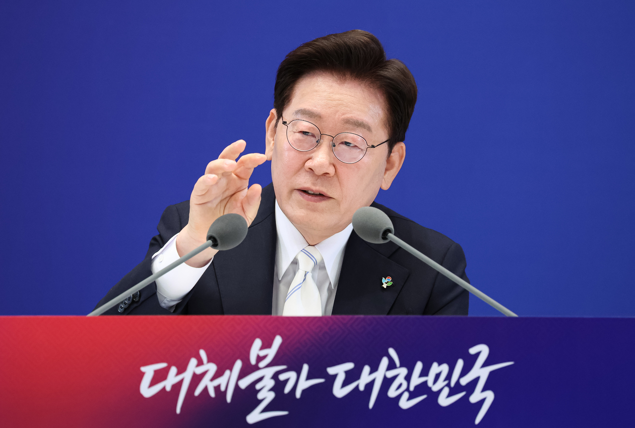 President Lee Jae Myung speaks during a press conference marking the first anniversary of his inauguration at the state guest house of Cheong Wa Dae in Seoul on Monday. (Yonhap)