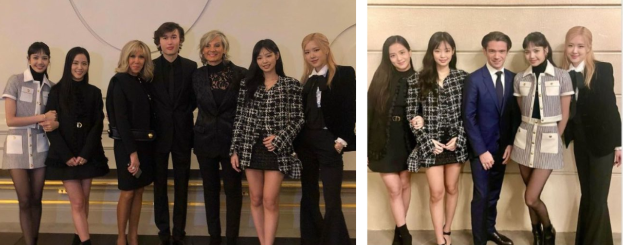 Left photo, from left: Blackpink's Lisa and Jisoo, French first lady Brigitte Macron, violinist Daniel Lozakovich, pianist Helene Mercier, Jennie and Rose pose for photos in January 2023. (Daniel Lozakovich's Instagram)
Right photo, from left: Jisoo, Jennie, cellist Gautier Capucon, Lisa and Rose pose for photos in January 2023. (Gautier Capucon's Instagram)
