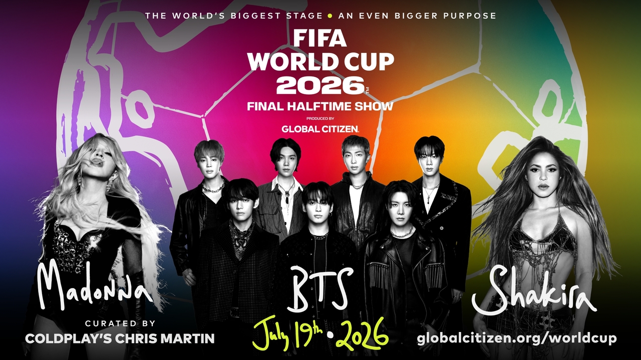 Promotional poster for the 2026 FIFA World Cup final halftime show featuring BTS, Madonna and Shakira (Global Citizen)