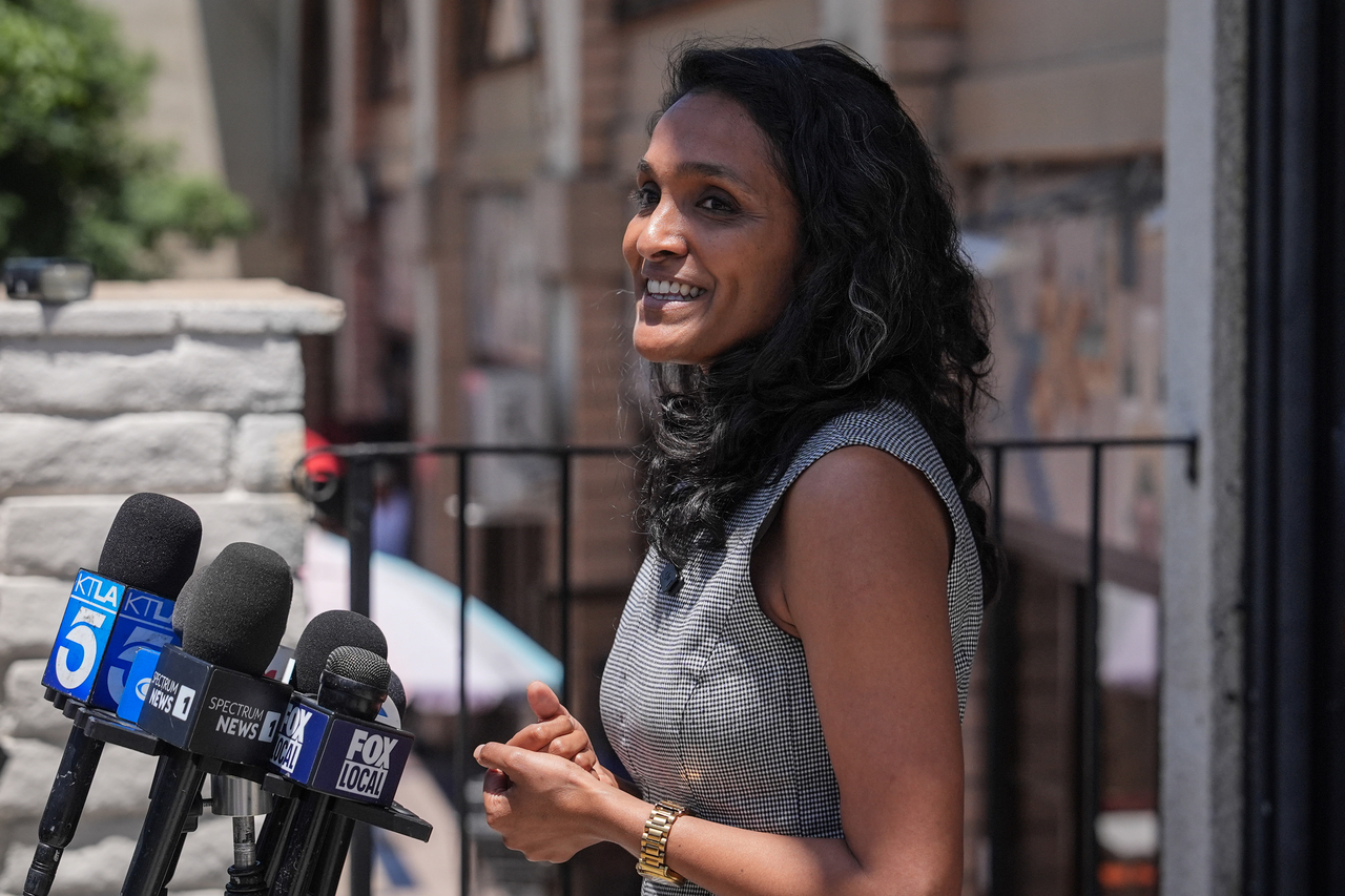 Nithya Raman, a candidate in the Los Angeles mayoral race, talks to reporters after a campaign event in Los Angeles, June 1. (AP-Yonhap)