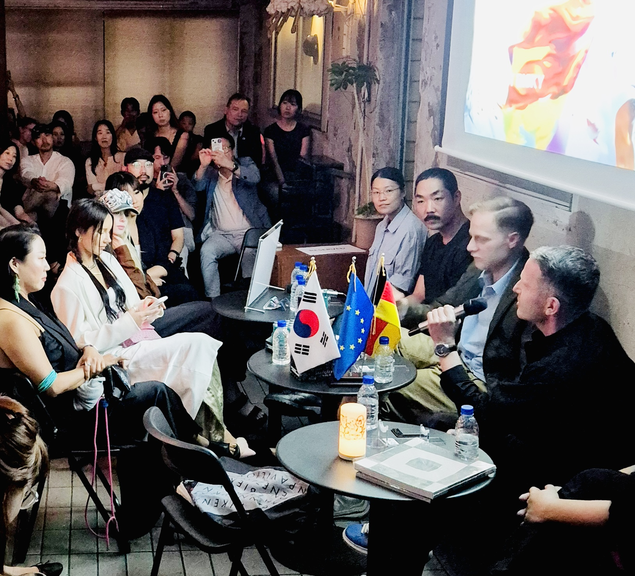 Artists, DJs and cultural practitioners discuss techno culture as a bridge between Berlin and Seoul during a German Embassy-hosted event at Kockiri in Itaewon, Seoul, on Tuesday. (German Embassy in Seoul)