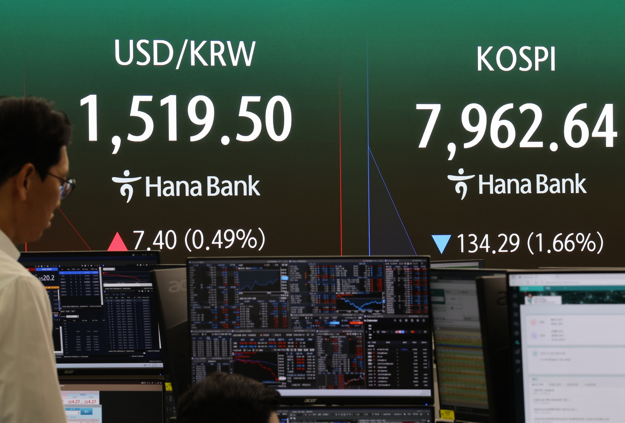 An electronic board showing the Korea Composite Stock Price Index at a dealing room of the Hana Bank headquarters in Seoul on Wednesday. (Yonhap)