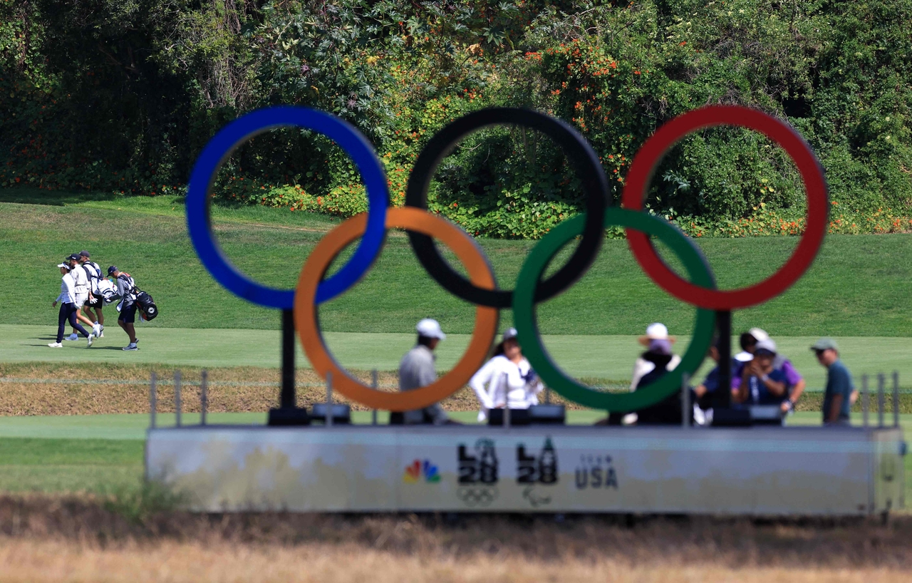 A general view of 2028 Los Angeles Summer Olympics signage during the second round of the US Women’s Open, in Pacific Palisades, California, Friday.   (AFP-Yonhap)