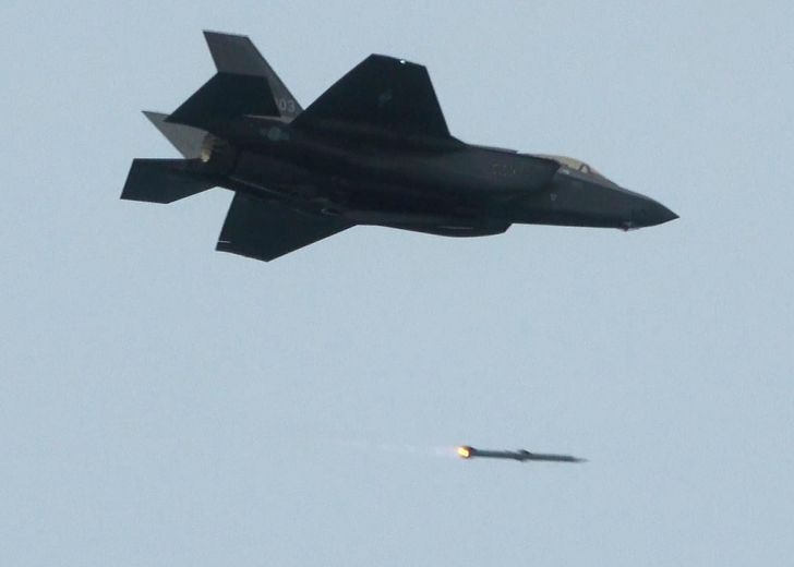 This file photo, dated March 24, 2023, shows an F-35A fighter jet firing an air-to-air missile during a training exercise in the Yellow Sea. (Air Force via Yonhap)