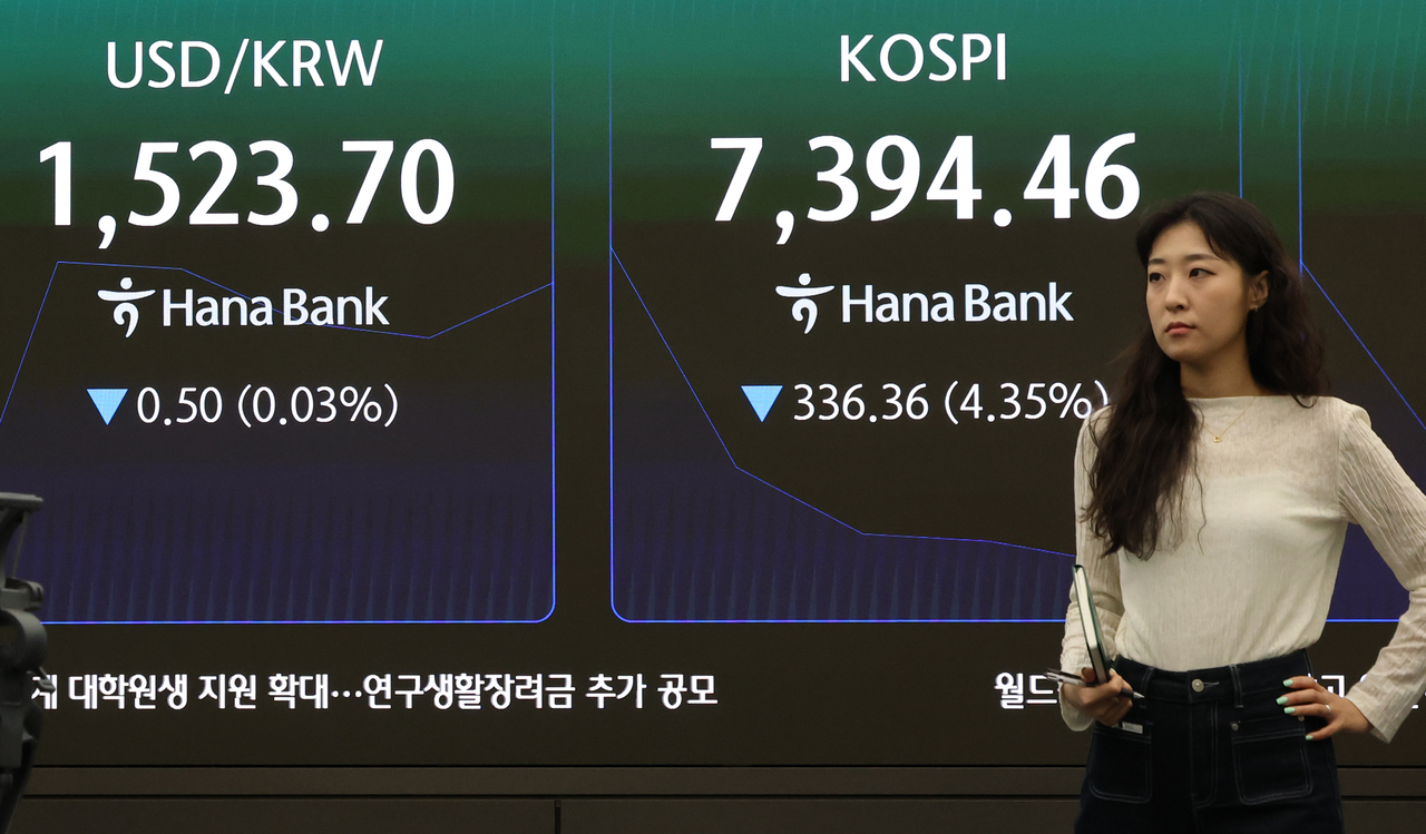 An electronic board showing the Korea Composite Stock Price Index at a dealing room of the Hana Bank headquarters in Seoul on Thursday. (Yonhap)