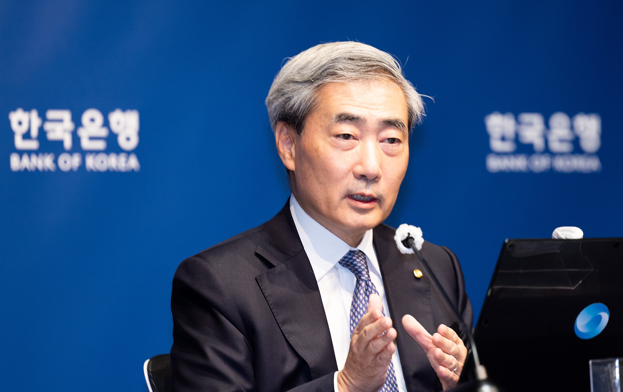In this file photo, Bank of Korea Gov. Shin Hyun-song speaks during a press conference after a monetary policy meeting in Seoul on May 28. (Pool photo) (Yonhap)