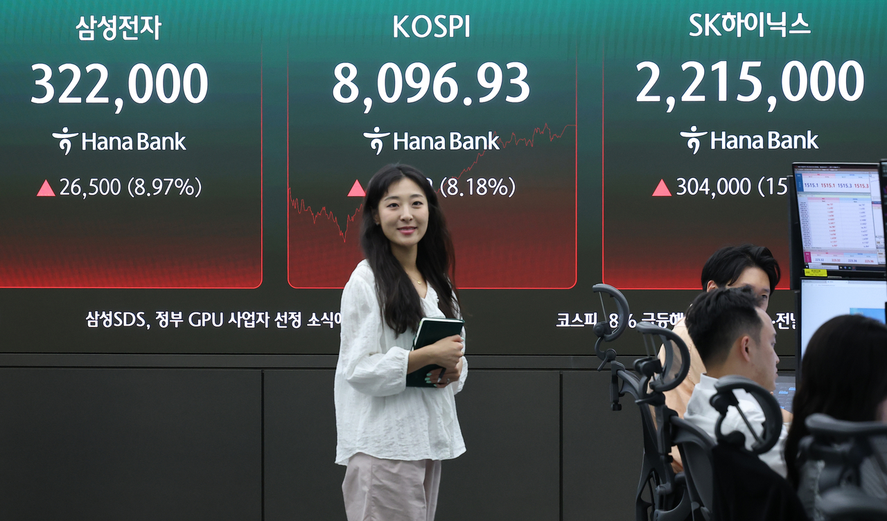An electronic board at a Hana Bank dealing room in Seoul shows Tuesday's closing prices for Korea's two major chipmakers and the benchmark Kospi. Samsung Electronics closed at 322,000 won per share and SK hynix at 2,215,000 won, while the Kospi ended at 8,096.93. ()